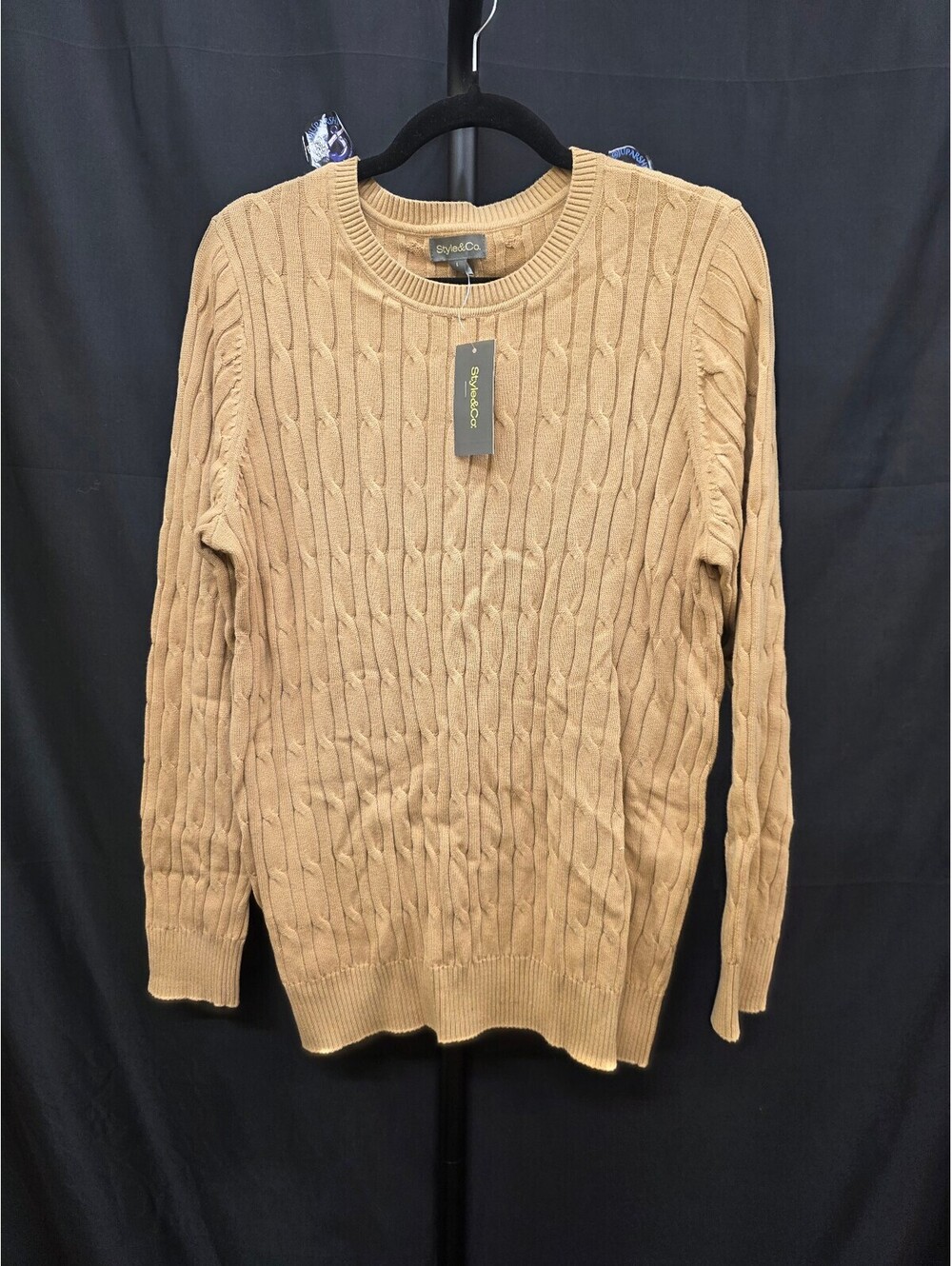 STYLE & CO COTTON CABLE‑KNIT CREW SWEATER ICY COFFEE SIZE L